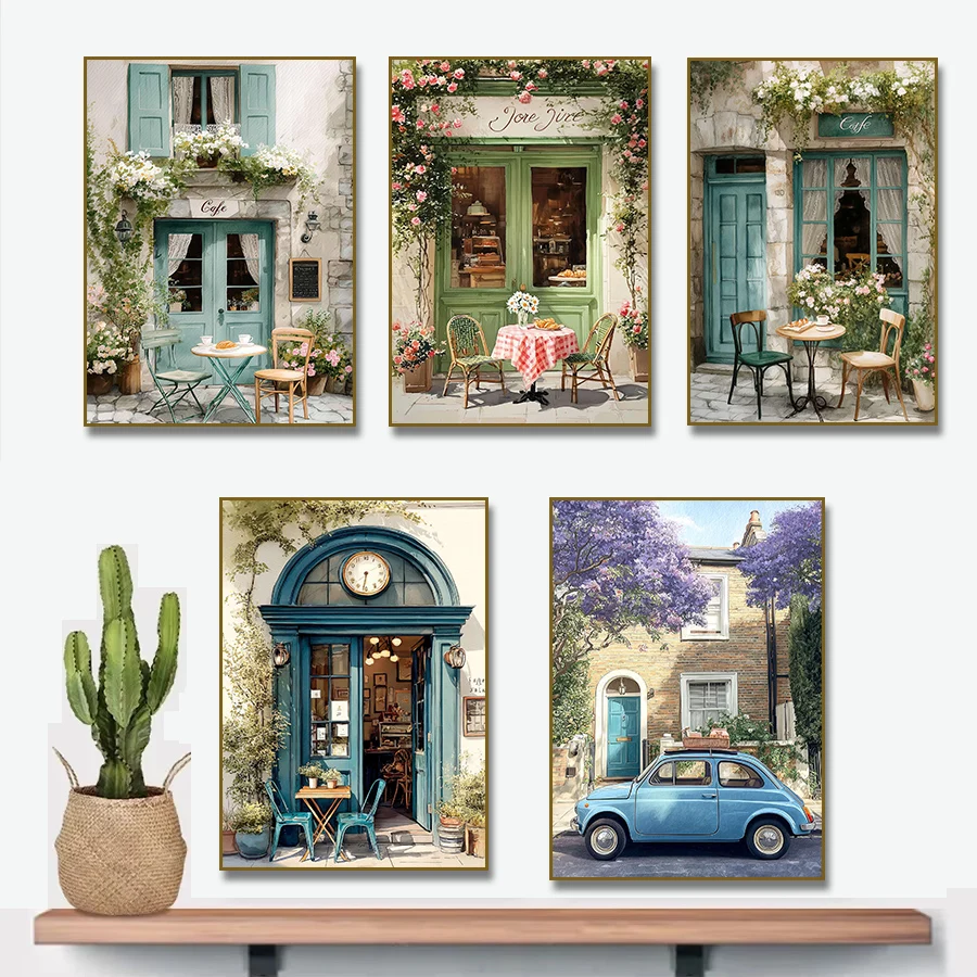 Frameless canvas paintings,Cozy European Café Watercolor Paris Blue Car Poster Print Canvas Painting for Kitchen Living Room Hom