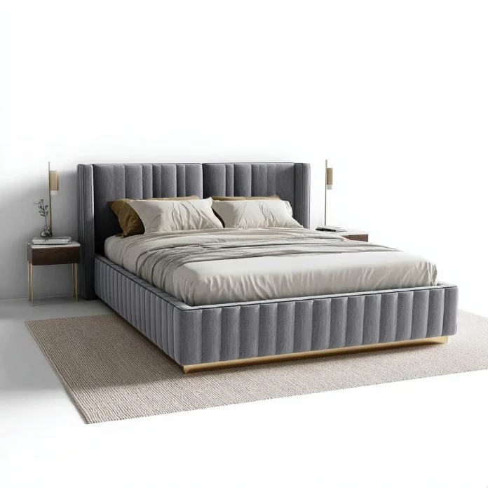 #Modern Gray Fabric Upholstered King Size Adjustable Storage Bed Headboard Wood Frame For Apartment-Friendly
