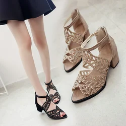 Fashionable Rhinestone Fish Mouth Sandals Women's Summer New Hollow-out Large Size Chunky Heel Midheel Back Zipper Sandals