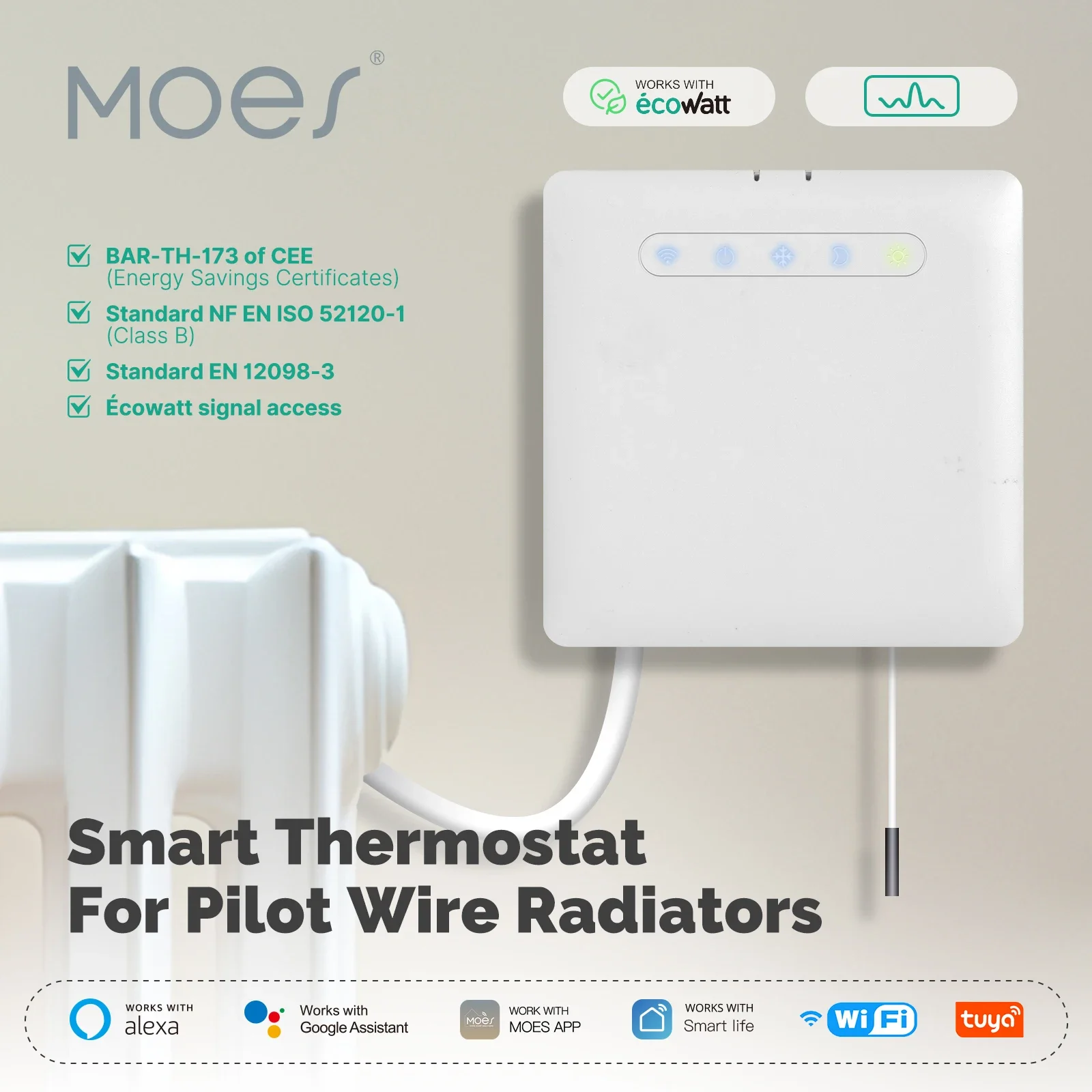 Termostato intelligente Wifi per supporto radiatore riscaldamento filo pilota Ecowatt monitoraggio elettricità App telecomando Alexa GoogleHome