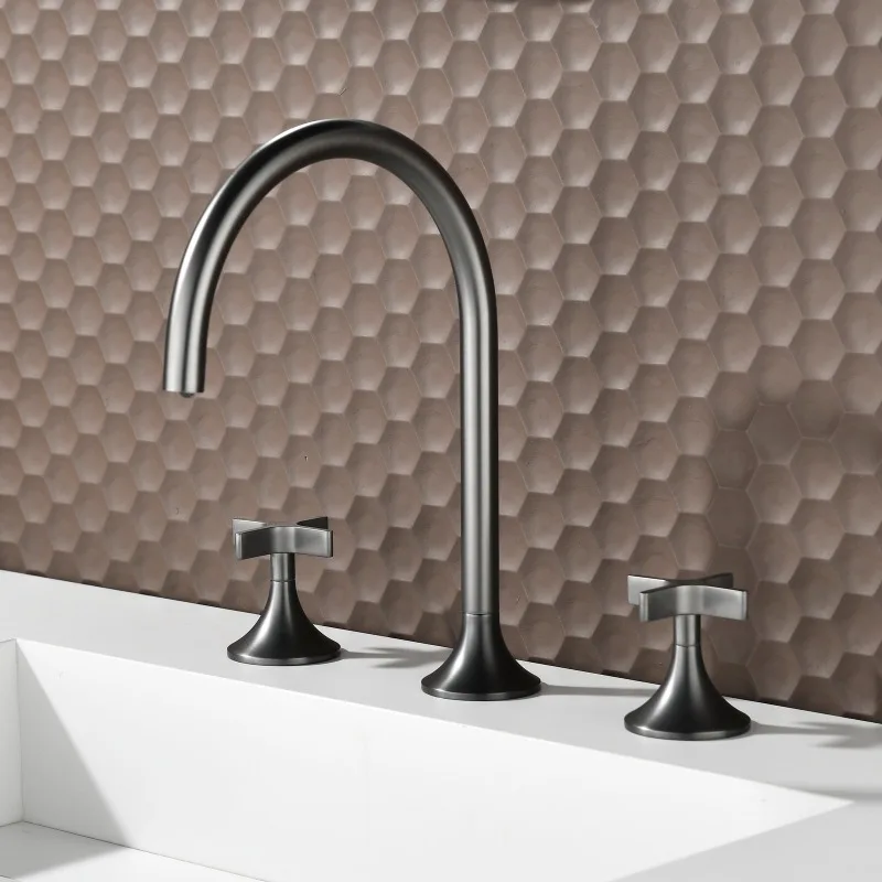 Gun Grey Solid Brass Bathroom Sink Faucet Split Type Hot Cold Water Two Handle Three Hole Basin Tap