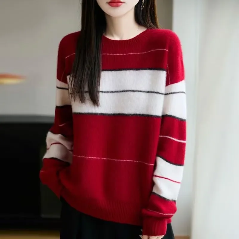 

French Contrast Striped Sweater Women's Autumn and Winter New Loose Long-sleeved Bottoming Top