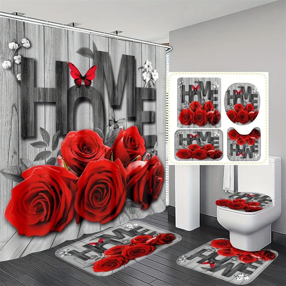 4pcs Deluxe Wooden Rose Bathroom Ensemble-Waterproof Shower Curtain, Non-Slip Memory Foam Mats, U-Shaped Toilet Mat Toilet Set