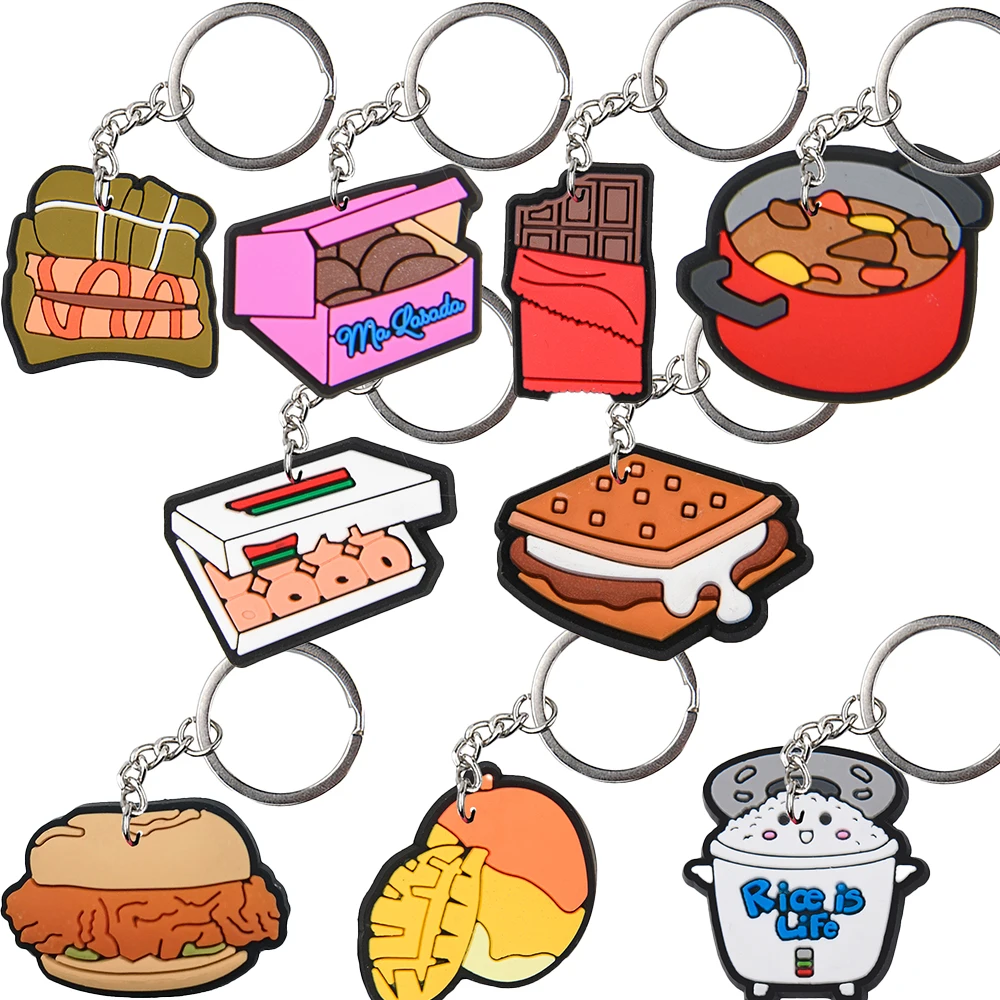 Men Women Food Keychains Boys Girls Pop Corn Keyrings Kids Chocolate Key Chains Hamburger Dumpling Key Rings For Birthday Gifts