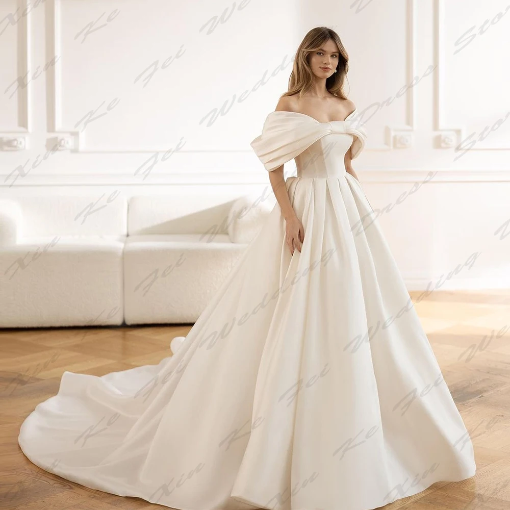 Gorgeous Satin Fashion Wedding Dresses For Women Off Shoulder Short Sleeves Simple Fluffy Princess Style Mopping Bride Gowns