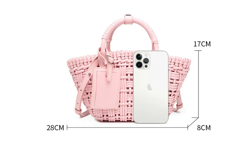 Mini Colorful Striped Bag Soft Leather Handle Handbag Women\'s Large Capacity Tote Bag Fashionable Popular Woven Cabbage Basket