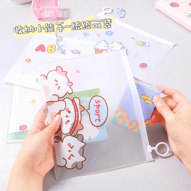 2pcs Kawaii Cow Transparent File Folder Cartoon Stationery File Bag Zipper Bag Storage File Organizers Folder Office Supplies