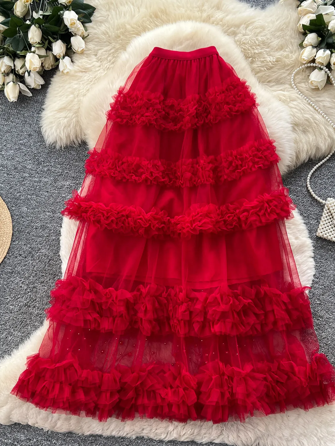 Women's Pink High Waist Mesh Tiered Skirt Ruffle A-Line Skirt Y2K Gyaru Vintage Korean Style Flowy Long Skirt for Women Summer