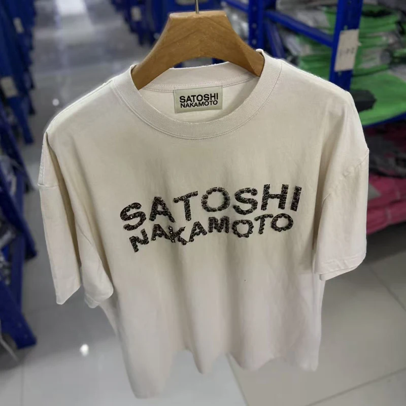New Satoshi Nakamoto Vintage Washed White T-shirt Diamond Logo Print Worn Collar Short Sleeved Tops