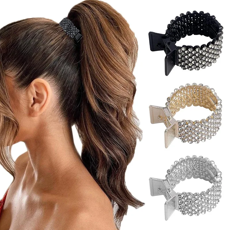 Fashion Rhinestone Metal Hair Clip Women Girls Mini High Ponytail Holder Crystal Hair Claws Elegant Party Headdress Accessories