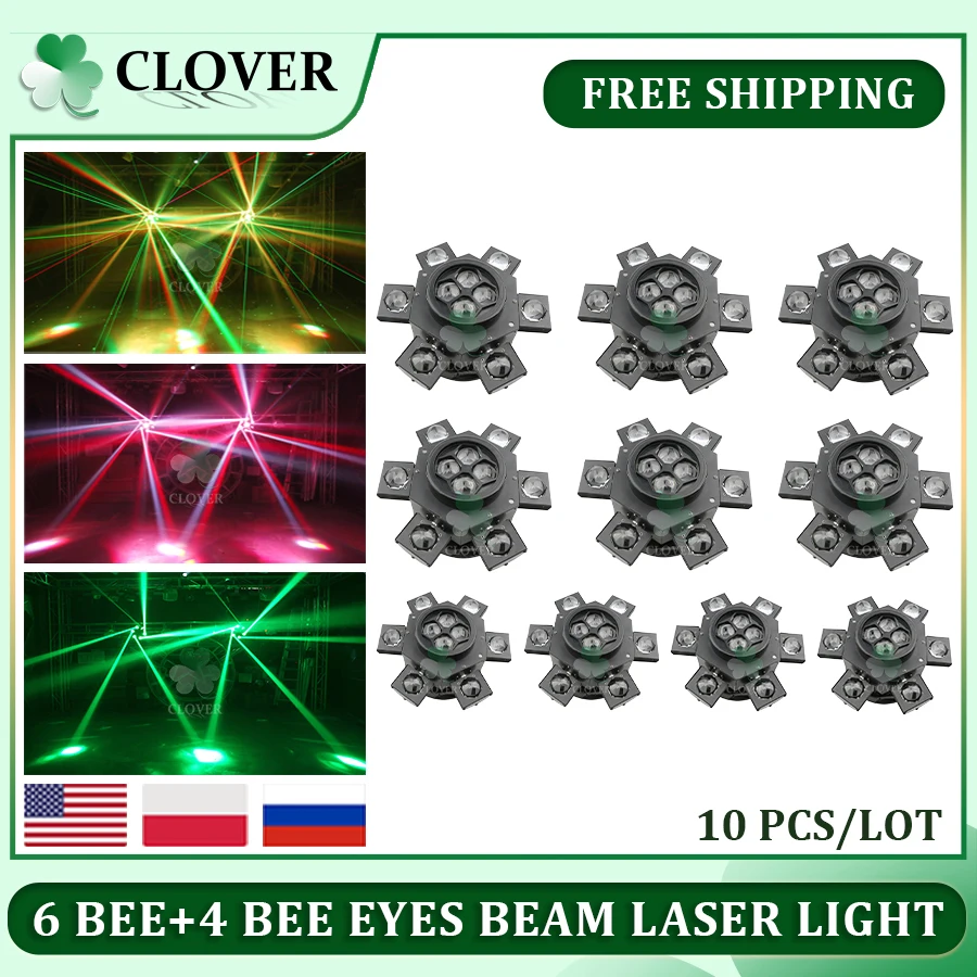 

0 Tax 10Pcs 6 Arms Led Bee Eyes Beam Moving Head Unlimited Rotate Flower Red Green Laser Remote Control 10W RGBW 4in1 Led