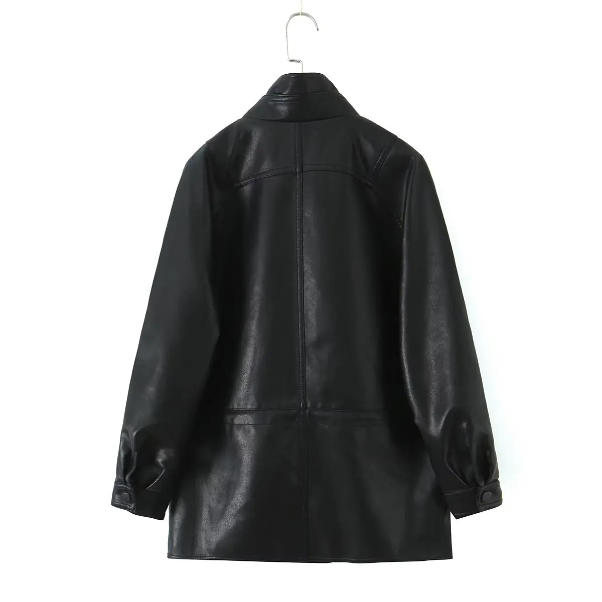 Women's Fashionable PU Leather Jacket Zipper Mid-Length Versatile Outerwear H2474 Commute Style Long Sleeve Suit Collar
