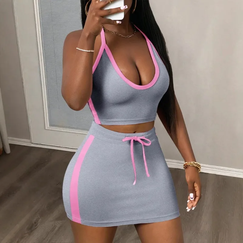

Women Summer Color Patchwork Tracksuits Slim 2 Piece Set Lace Up Halter Backless Tank Crop Tops + Bodycon Mini Skirts Sport Suit