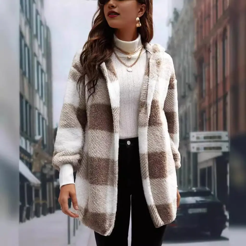 

Women's Loose Knitted Cardigan Fashion European American Style Checkered Color Matched Sweater by