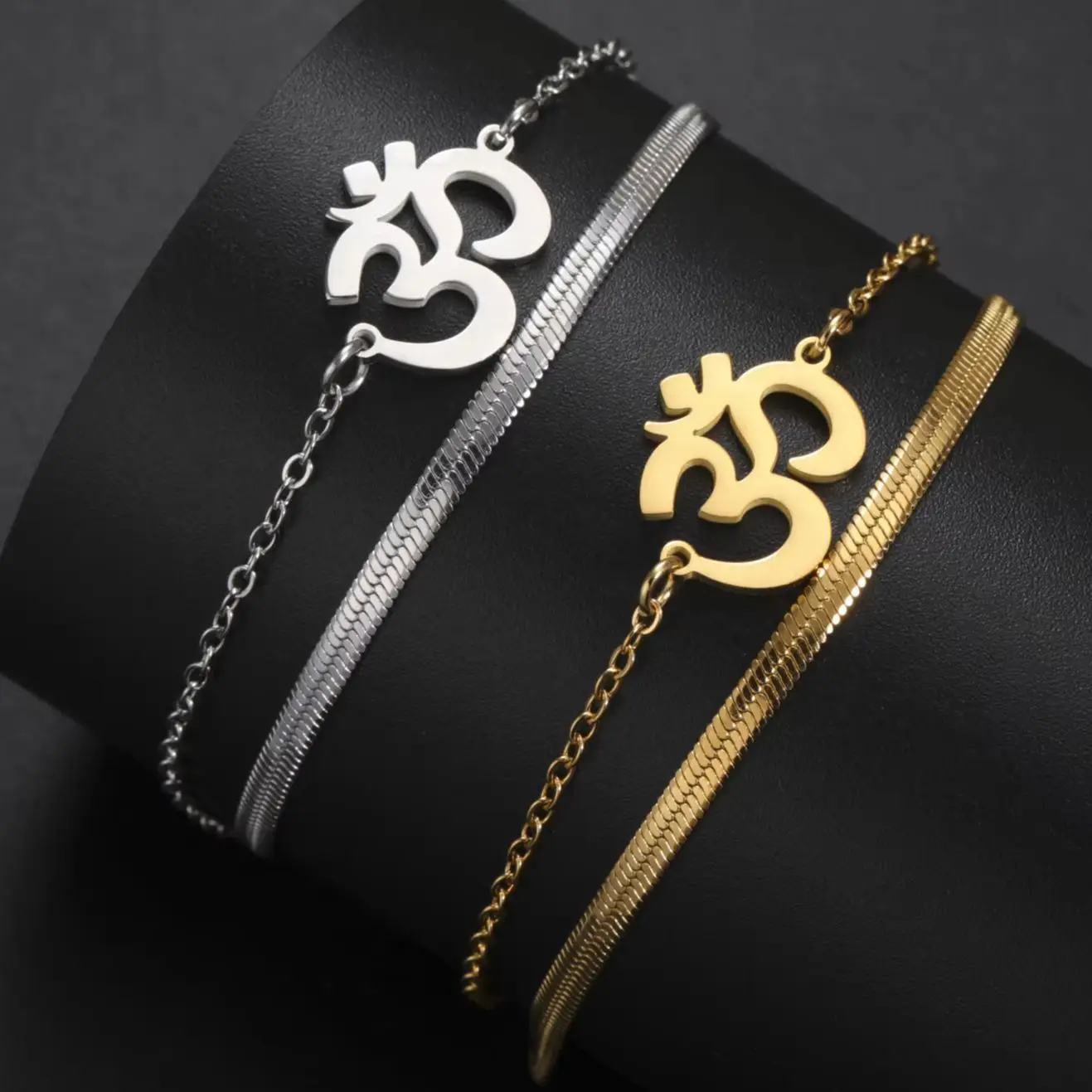 LIKGREAT Vintage Aum OM Symbol Bracelet Stainless Steel Double Layer Chain Bracelets Buddhist Hindu Yoga Women's Jewelry Gift