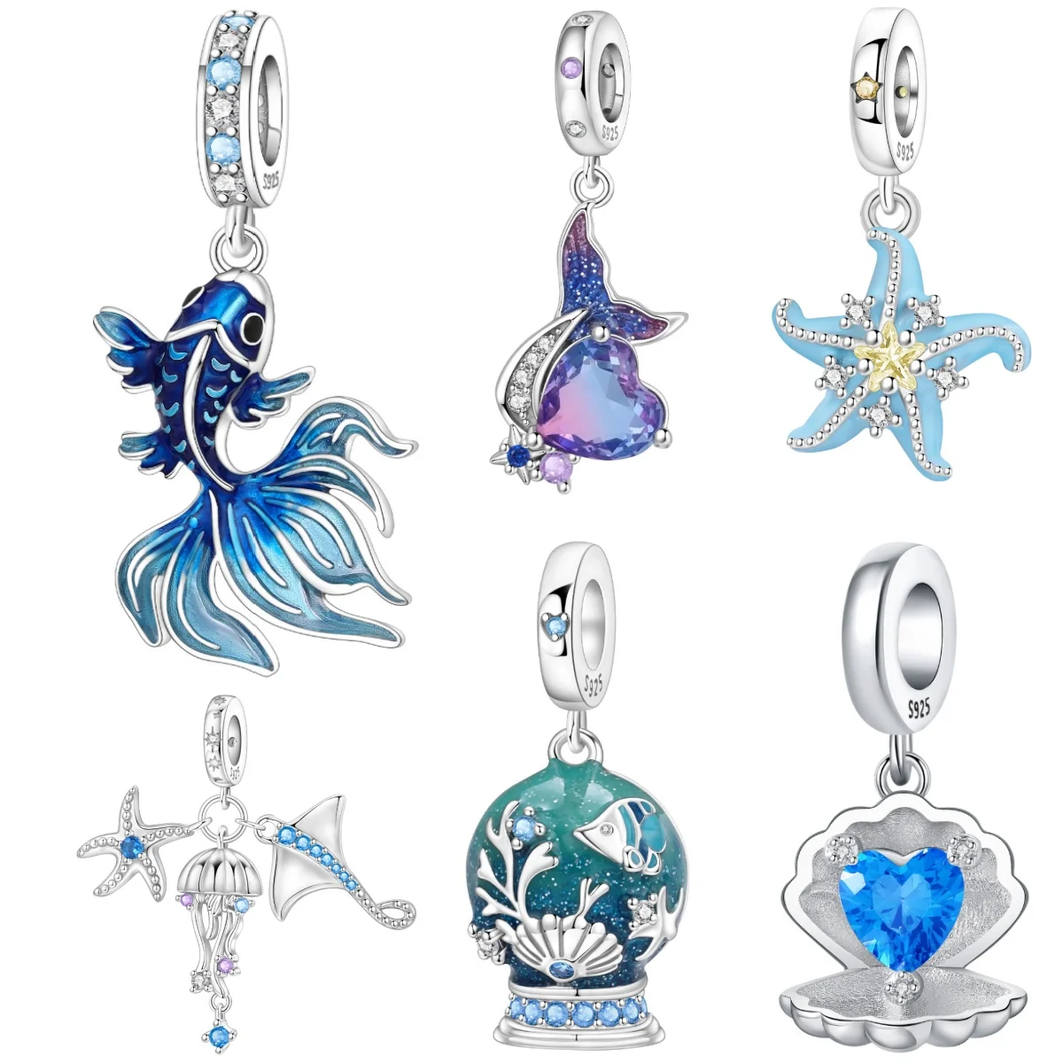 

PANPOKI 925 Sterling Silver Blue Fish Lucky Symbol Beads Original Pendants Bracelet Charm Jewelry Party DIY Trendy Gifts