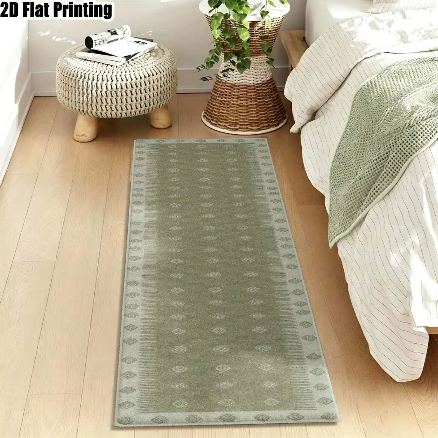 1Pc 2D Printed Strip-Shaped Track Carpet: Grey-Green Geometric Nordic/Modern Minimalist/European Style, Home Decor, Multiple Sizes, Machine Washable, for Entrance, Hallway, Bedroom, Living Room