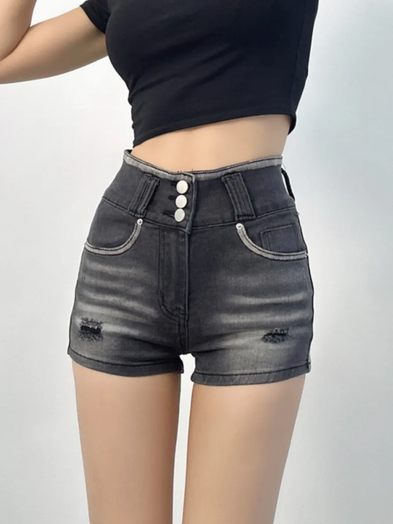 Shorts jeans lavados para meninas, cintura alta, três botões, fino, embrulhe as nádegas, buraco rasgado, moda sexy, verão, 200Q, 2024