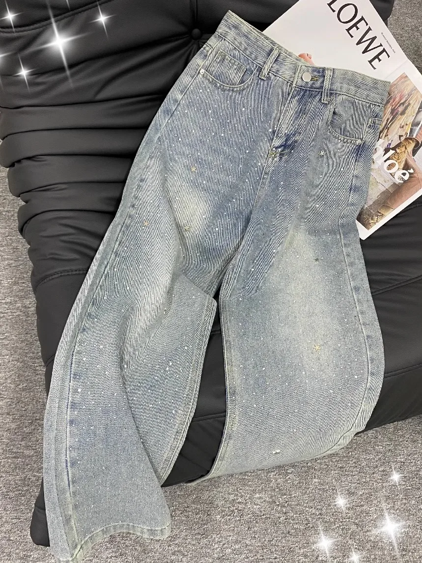 Fashion High Waist Washed Loose Jeans Women's 2026 New Style Narrow Straight Leg Pants Wide Leg Trousers Casual Bright Sequin