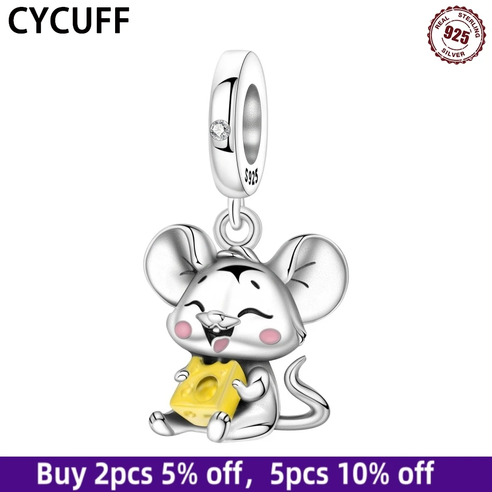 

CYCUFF 2025 New S925 Sterling Silver Little Mouse Eating Cheese Pendants Charm Birthday Party Jewelry DIY Gift Women's Bracelet