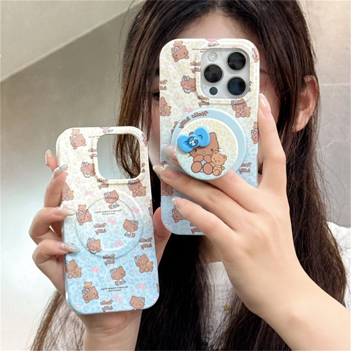 

Gradient Color Leopard Print Cute Magnetic Phone Case For iphone 16 Pro 14 15 Pro Max Cover with Holder Hellokitty Cases