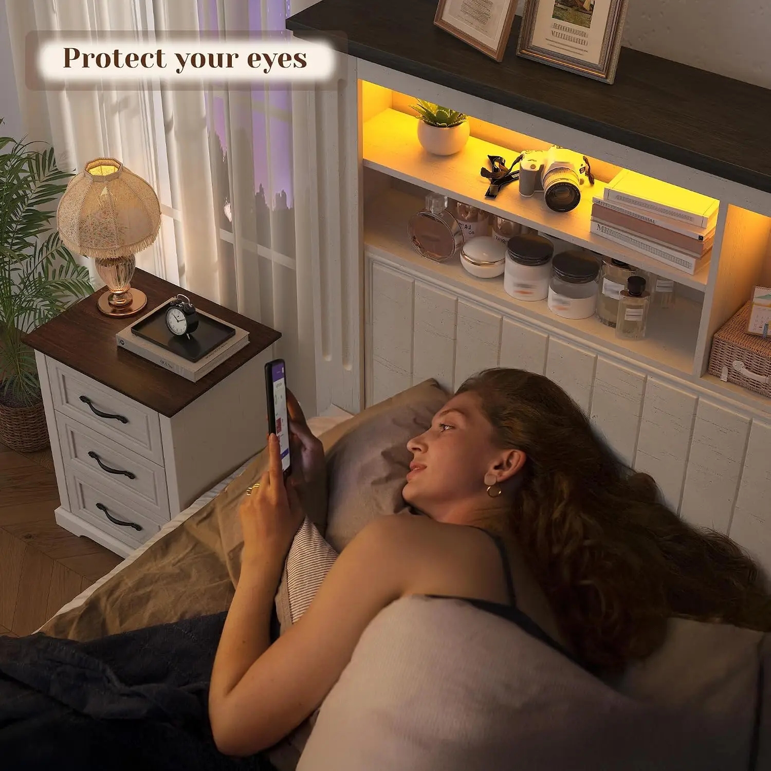 King Bed Frame with Storage Headboard 4 Drawers LED Charging Station Farmhouse Noise-Free No Box Spring White, Custom view 6