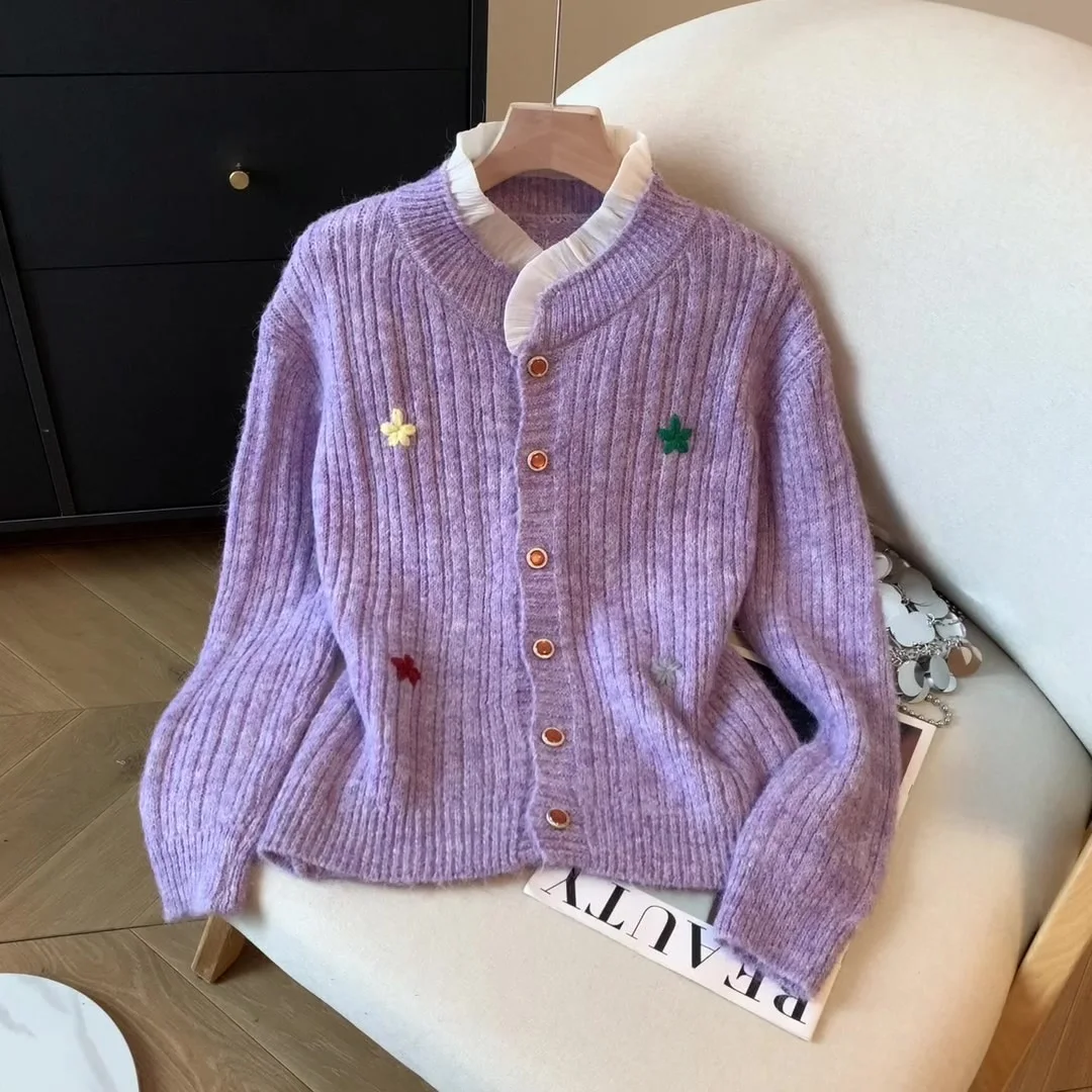 

Women's round Neck Long Sleeve Knit Cardigan Floral French Cute Aesthetic College Retro Casual Top Sweater Apparel Y2K Clothing