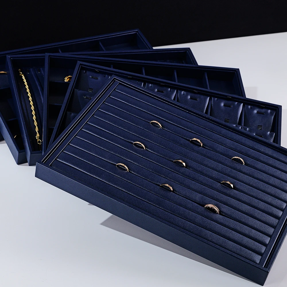 Ciyye Dark Blue PU Leather Jewelry Display Tray Ring Earring Bracelet Necklace Storage Jewelry Store Counter Jewelry Organizer