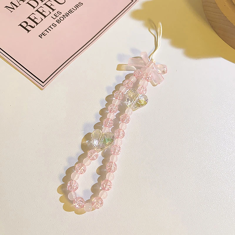 Pink Crystal Love Bow Mobile Phone Lanyard Key Lanyard Mobile Phone Jewelry Anti-Lost And Glass Flower Bead Mobile Phone Pendant