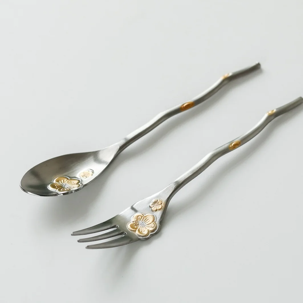 Imported From Japan Stainless Stee Tableware Japanese Cherry Coffee Spoon Teaspoon Mixing Spoon Dim Sum Fork Exquisite Tableware