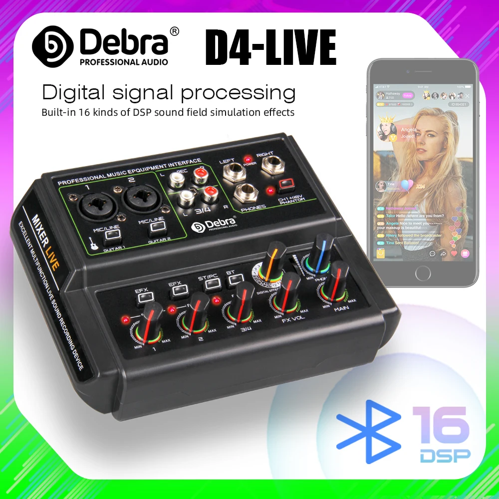 Debra D4-LIVE 4-Channel Audio Sound Card Mixer With 16DSP Reverb Effect Compatible With PC Recording & Phone for Live Streaming