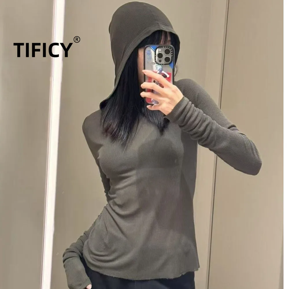 High Street RO Hooed T-shirt Women's Dark Spring New Item Micro Transparent Ribbed Knitted Base Hooded Long Sleeved Tshrts