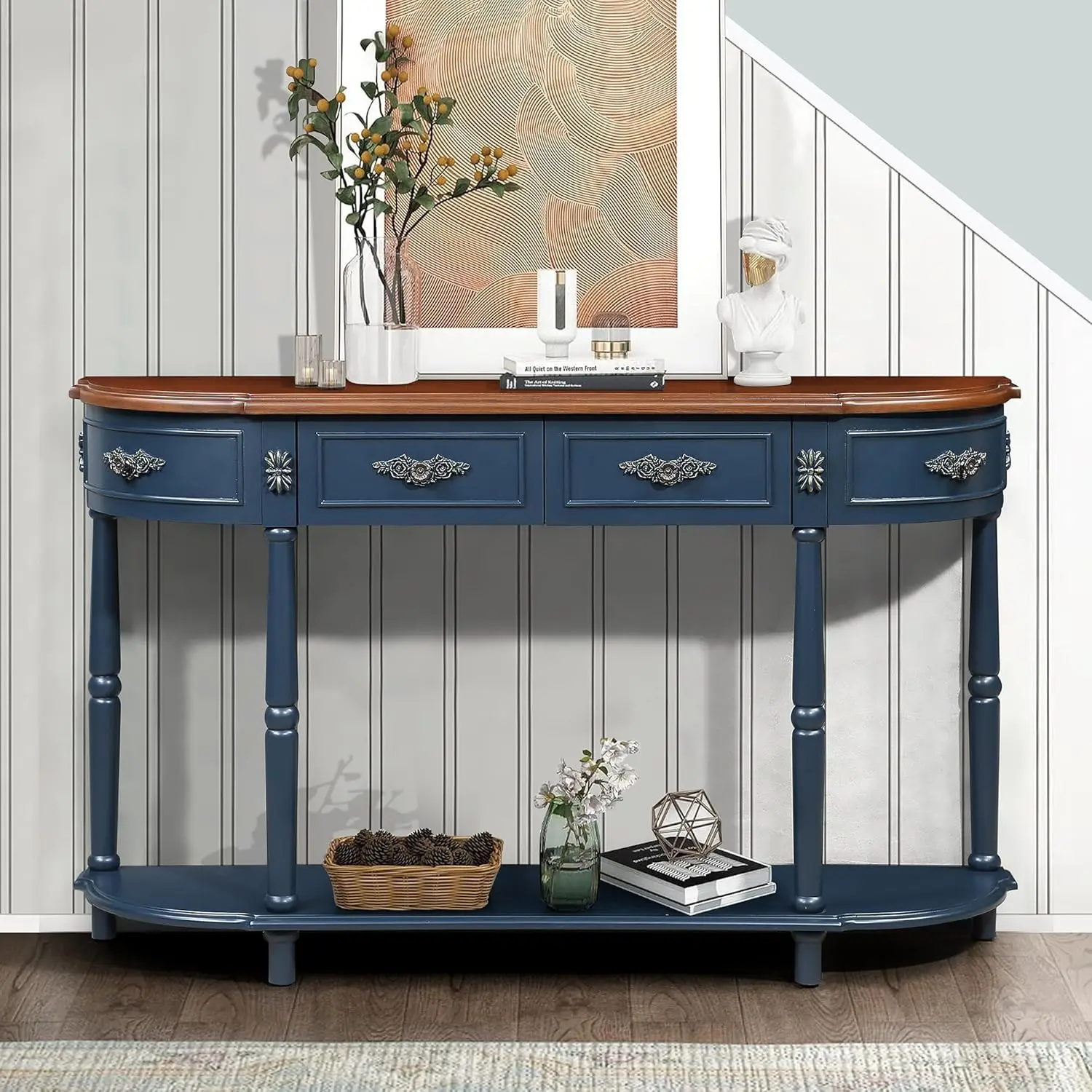 #Retro Curved Half Moon Console Table With Drawers & Shelf For Entryway Living Room Hallway 52-Inch Navy Blue, Customized