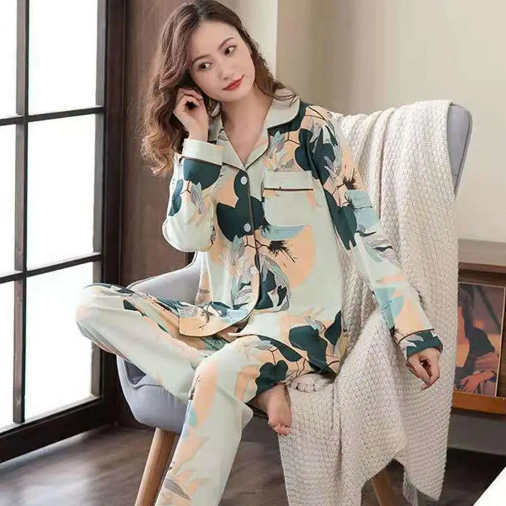 Women Pajama Set Casual Comfortable Women Homewear Stylish Women's Loungewear Set Lapel Neck Pajamas with Elastic for Spring