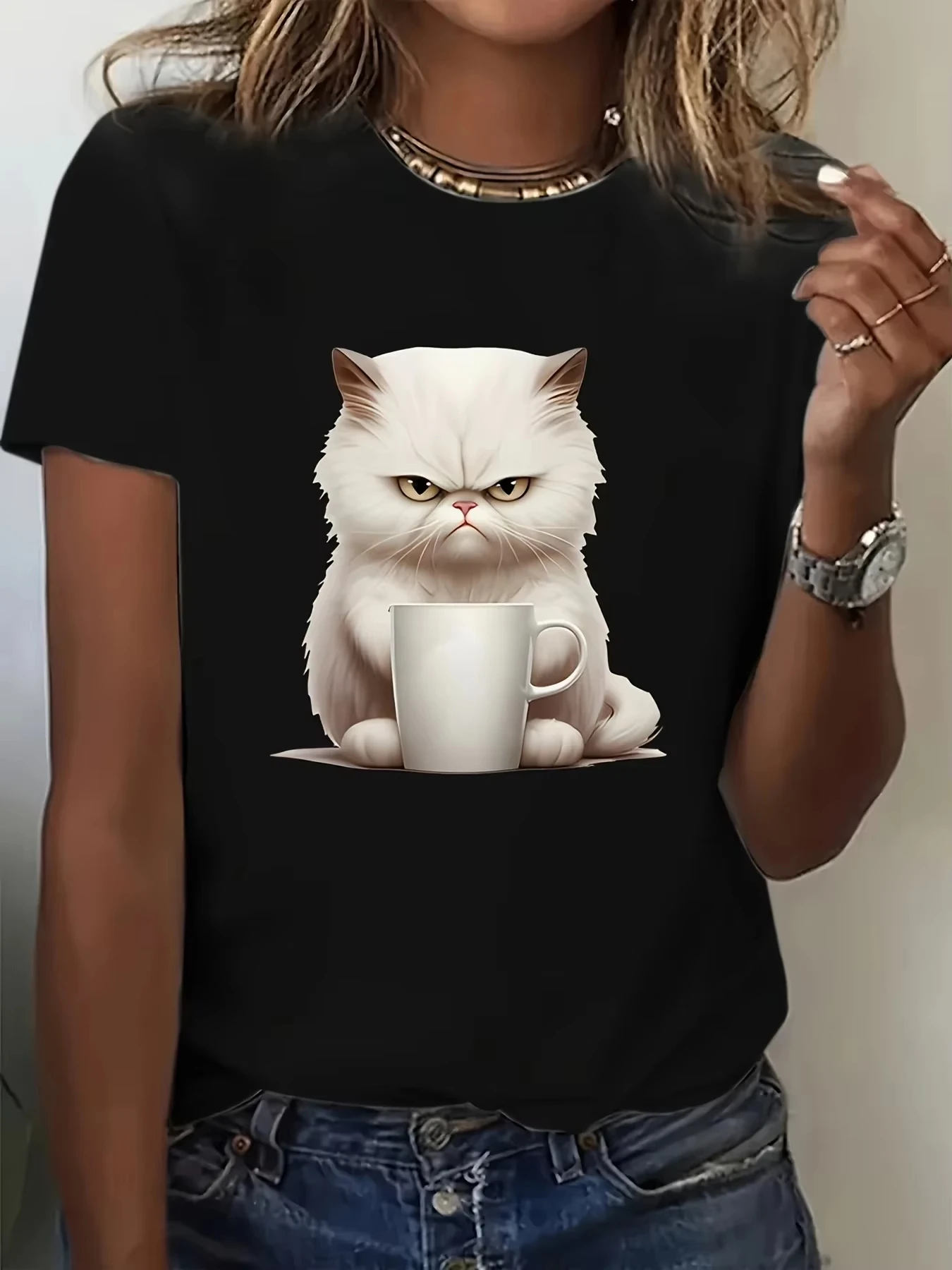 تي شيرت Angry Kitten Print Crew Neck تي شيرت كاجوال بأكمام قصيرة لملابس الربيع والصيف النسائية