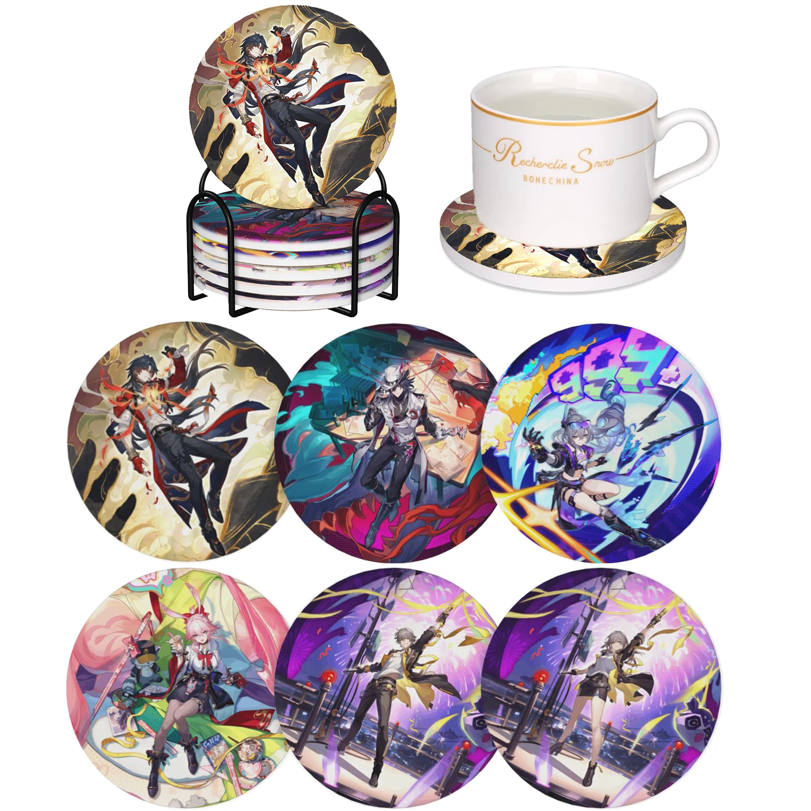 

Honkai Star Rail Yao Guang Absorbent Ceramic Coasters Set of 6 with Holder, Non-Slip Cup Mat Coffee Table Decor Gamer Gift