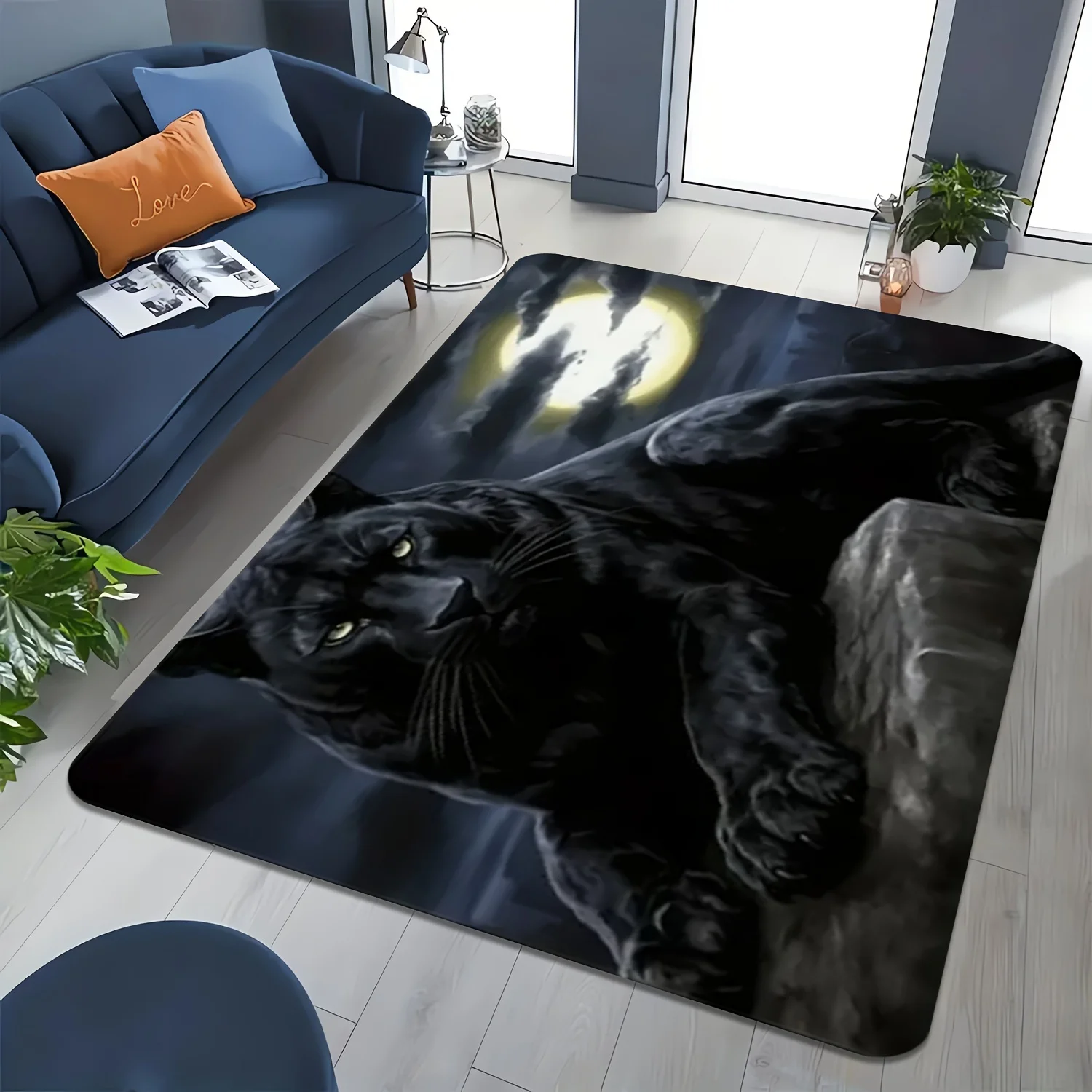 Dramatic Black Cat Moonlit Rug for Living Room Area Mat Modern Home Decor Pet Lover Gift Stylish Indoor Floor Carpet Runner