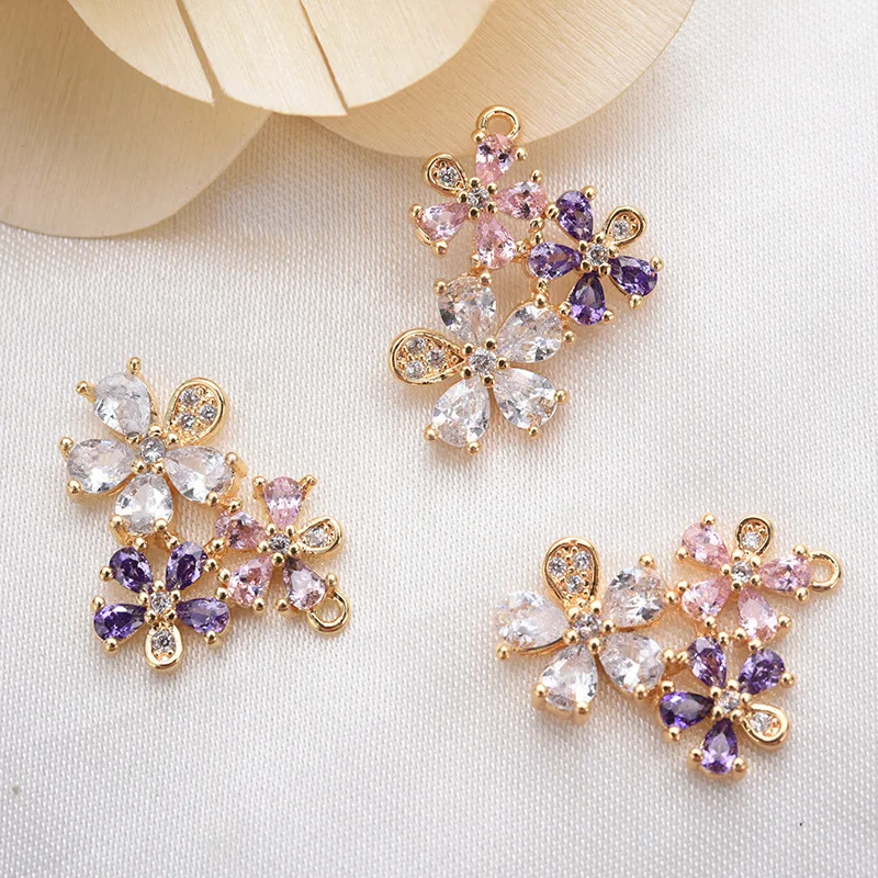 (1387)2PCS 14x20MM 24K Gold Color Brass with Zircon Flower Charm Pendants for DIY Jewelry Making Findings Accessories