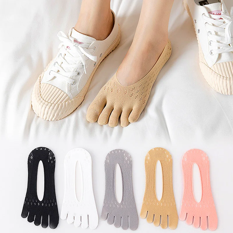 2pairs Five Finger Boat Socks Women Spring Summer Thin Plain Weave Shallow Mouth Velvet Ice Silk Sweat Absorbent Toe Socks