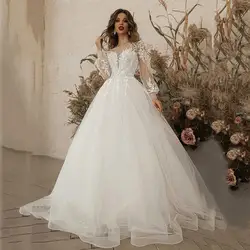 JEHETH Graceful A-line 2024 Puff Long Sleeves Wedding Dresses For Women Appliques Lace Modern Vestido Backless Bridal Gowns