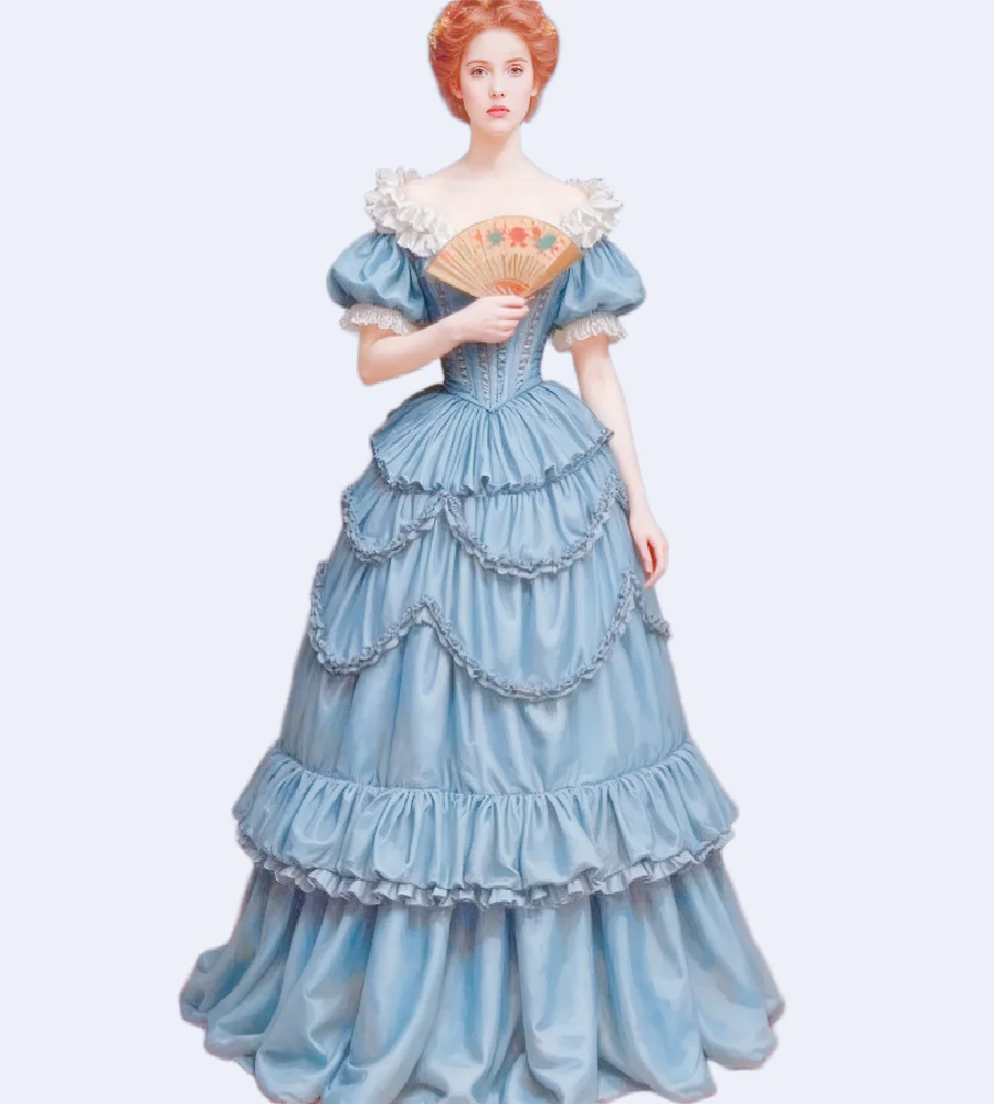 Luxuriöses aristokratisches viktorianisches Abendkleid mit kurzen Ärmeln, gestuftes mittelalterliches 1860-Abschlussballkleid, rückenfrei, formelle Zeremonienparty