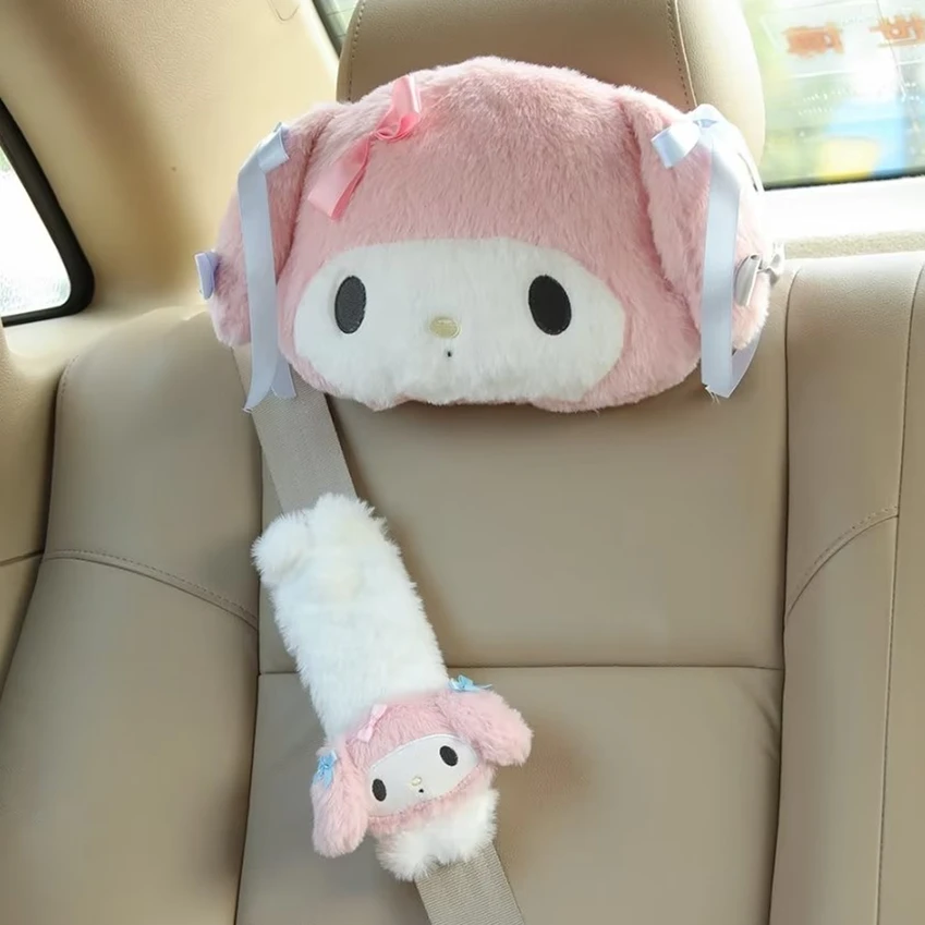 Sanrio Cute My Melody Car Seat Headrest Seat Belt Cover Kawaii Soft Comfortable Back Cushion Pillow Blanket Xmas Gifts Girl