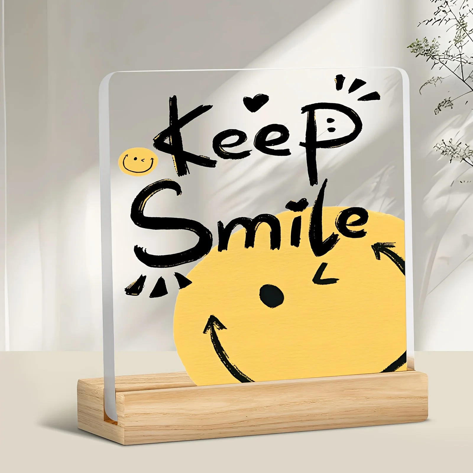 استمتع بالديكور المكتبي من الأكريليك - عبارة تحفيزية للوجه السعيد، طباعة مسطحة ثنائية الأبعاد، زخرفة ملهمة ورف الكتب