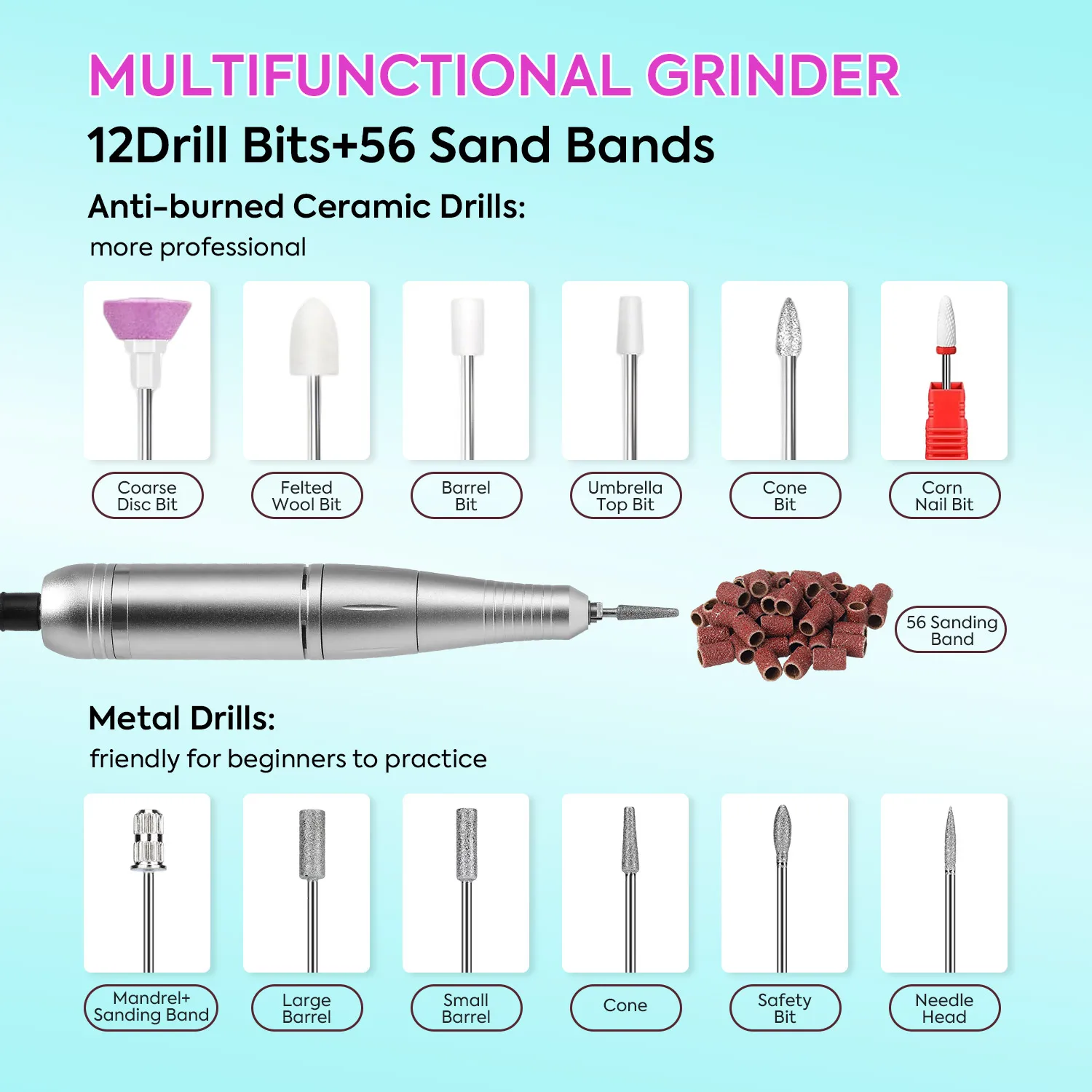 ماكينة حفر الأظافر الكهربائية 45000 دورة في الدقيقة، مبرد أظافر قابل لإعادة الشحن مع 12 لقمة ثقب و56 قطعة من أشرطة صنفرة الأظافر لتلميع أظافر الجل #5