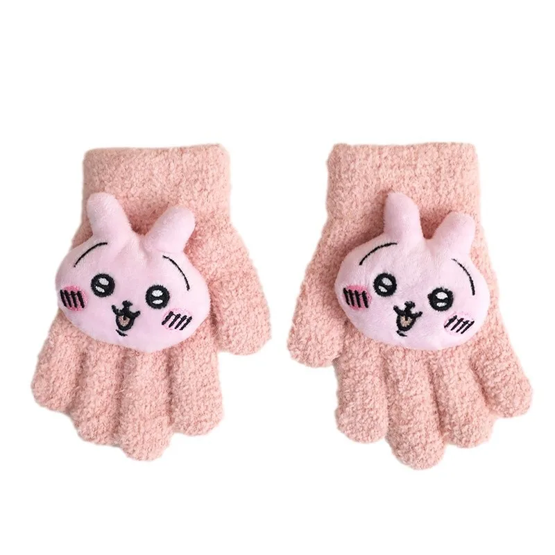 MINISO CHIIKAWA-Gants de dessin animé pour enfants, tricotés, chauds et froids, 5 doigts, rabat fendu, polaire épaissie