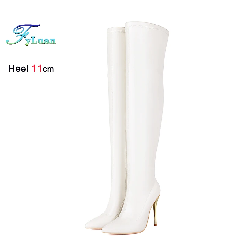 

Elastic Leather Pointy White Over-the-knee Boots 11CM Stiletto Heels Sexy Slim Leg Thigh Boots For Women Night Club Party Shoes