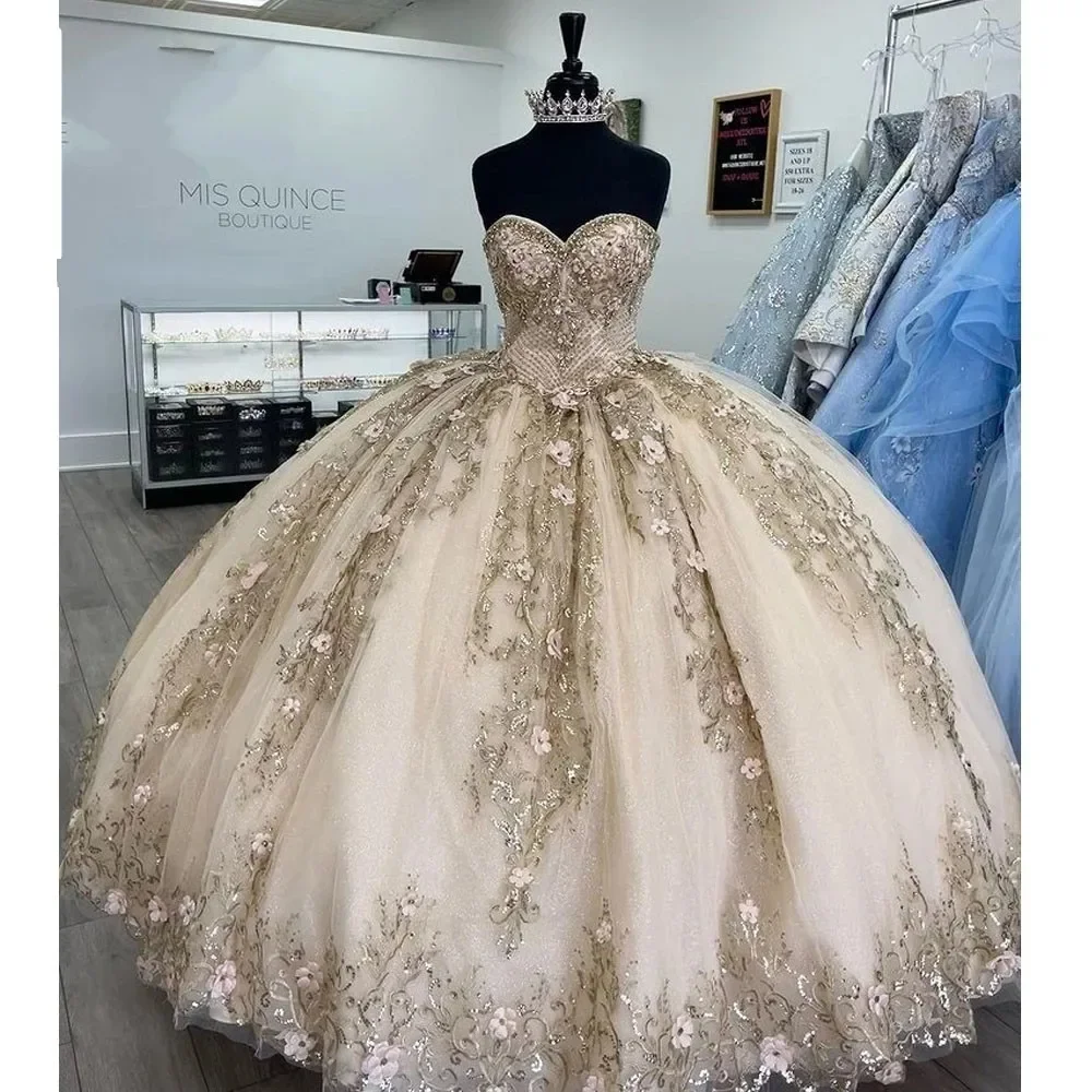 فساتين الشمبانيا المتألقة Quinceanera ، زهرة دانتيل ثلاثية الأبعاد ، ثوب حفلة الأميرة الرسمي ، حفلة عيد ميلاد ، 15 عامًا