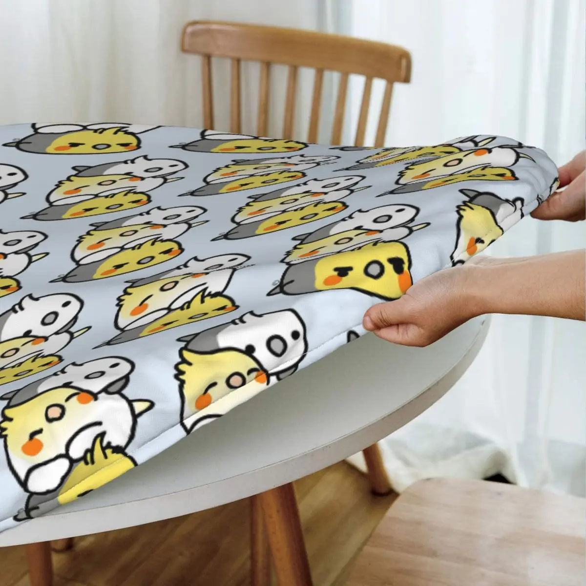Pet Birds Cute Cockatiel Budgie Parrot Waterproof Round Tablecloth Oilproof Table Cloth for Kitchen Events Dining Table Cover