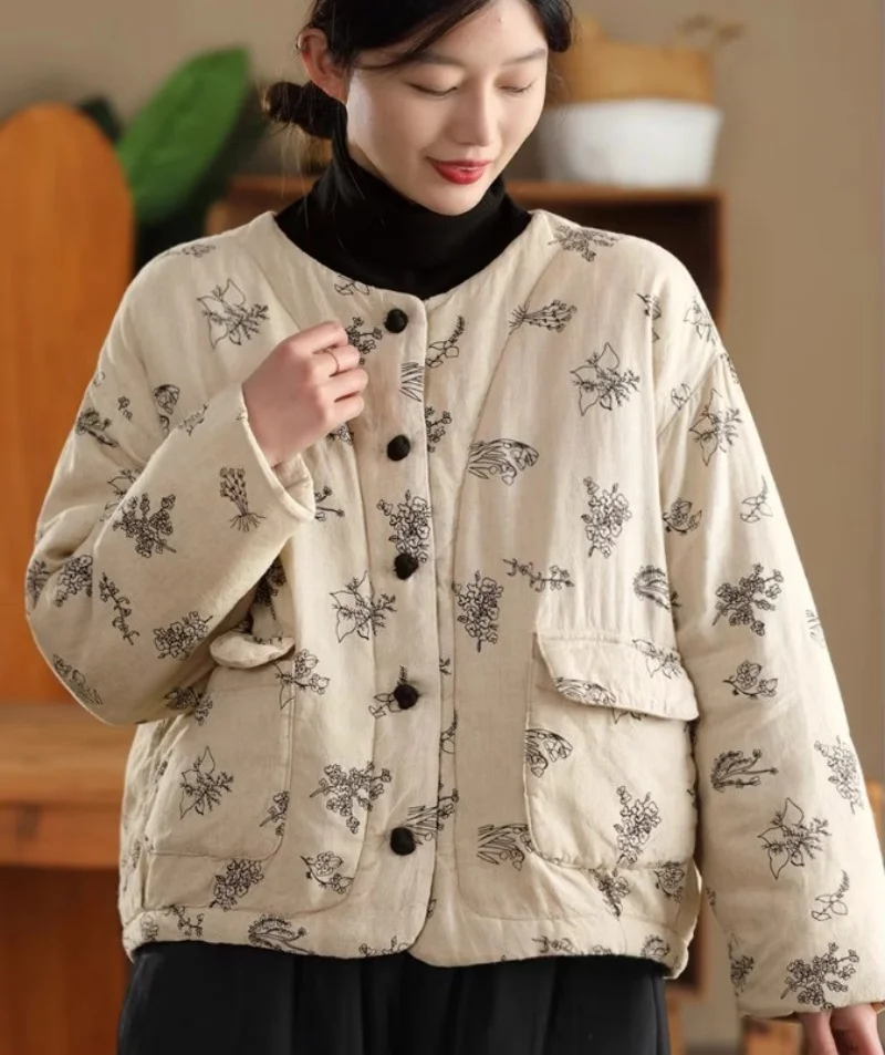 

Embroidery Linen Cotton Coat For Women Autumn Winter 2025 Thick Buckle Retro Warm Quilted Jacket Casual Floral Top W1317