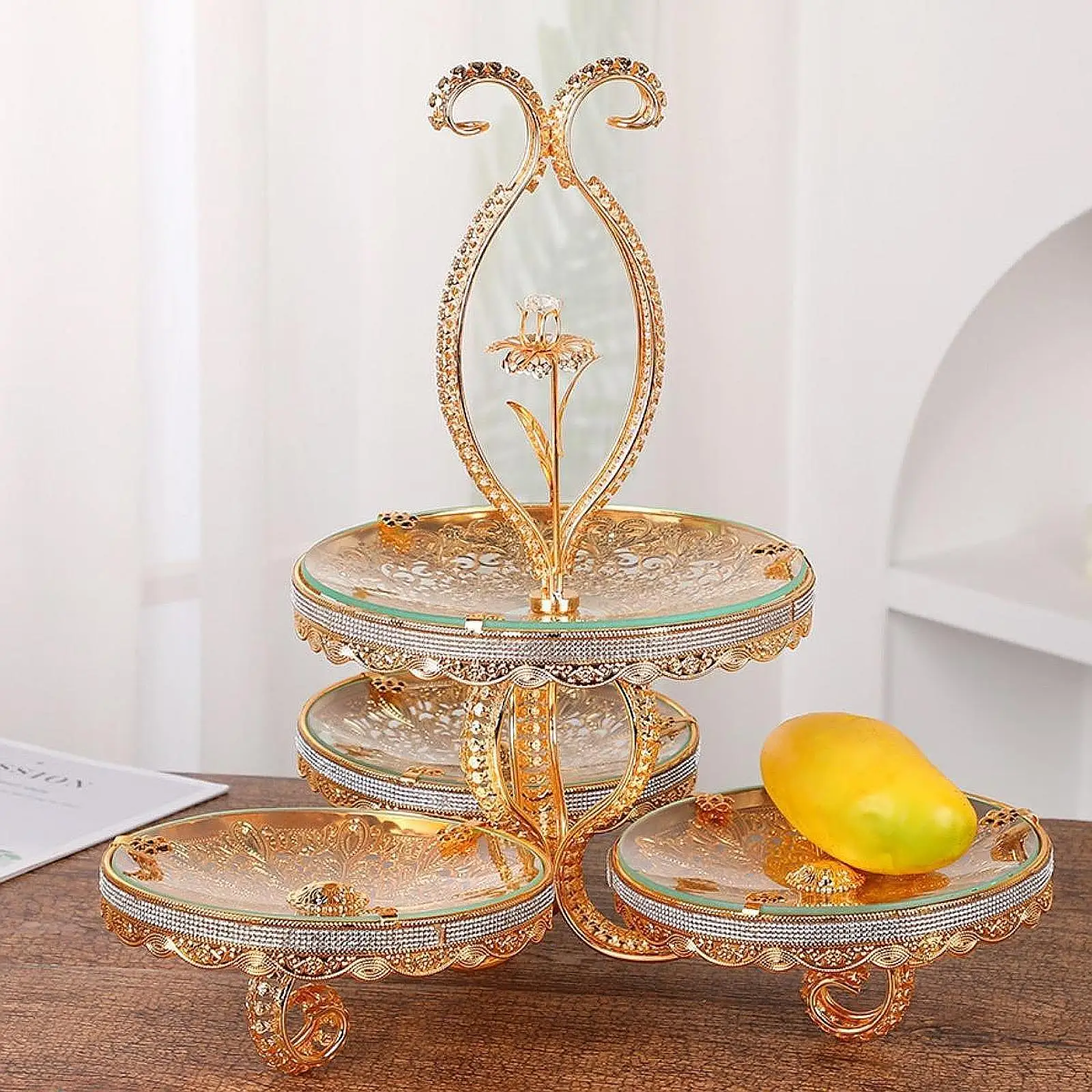 

Double Layered Glass Fruit Platter Fruit Stand Dessert Plate Tea Table Ornament Luxury Golden Fruit Tray for Tea Dessert Fruit